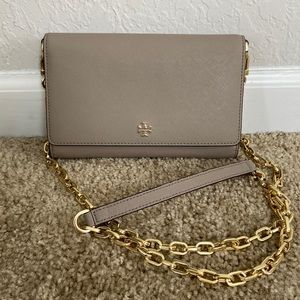 Tory Burch chain wallet in taupe leather